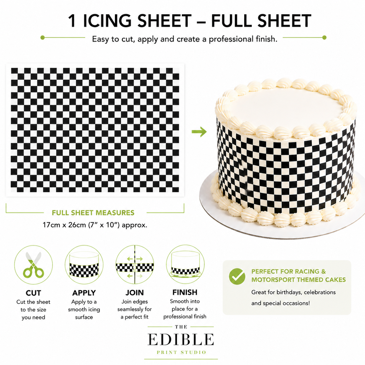 Black & White Checkered Racing Flag Edible Icing Sheet Cake Wrap – Full Sheet