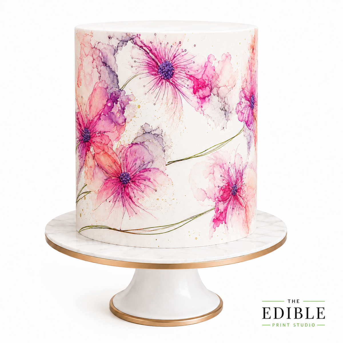 Watercolour Floral Edible Cake Wrap – Pink, Purple, Green & Black Floral Designs