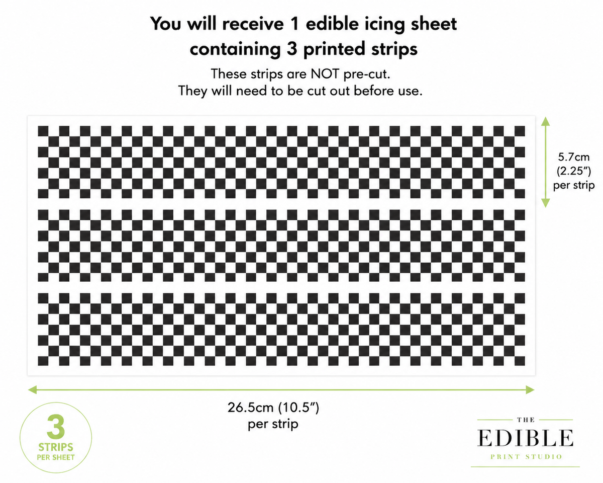 Black & White Checkered Racing Flag Edible Cake Wrap – 3 Icing Strips