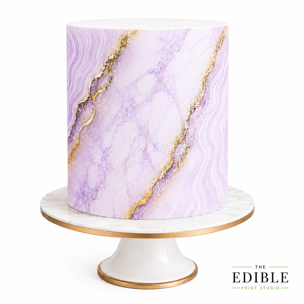 Lilac & Gold Marble Edible Cake Wrap – Elegant Marble Effect Icing Sheet