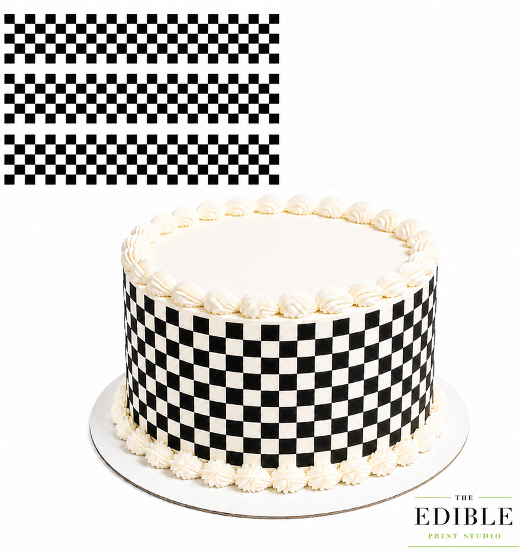 Black & White Checkered Racing Flag Edible Cake Wrap – 3 Icing Strips