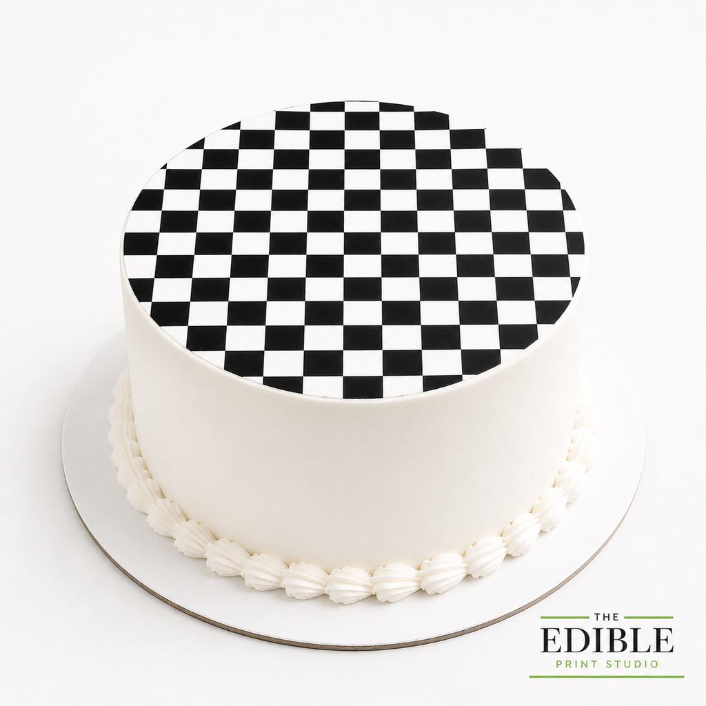 Black & White Checkered Racing Flag Edible Icing Cake Topper – Round Sizes