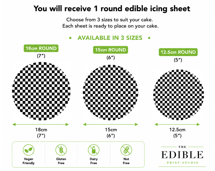 Black & White Checkered Racing Flag Edible Icing Cake Topper – Round Sizes
