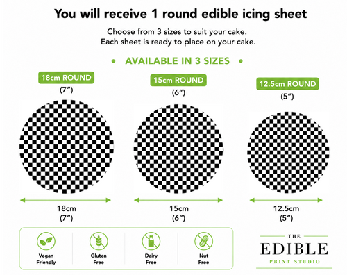 Black & White Checkered Racing Flag Edible Icing Cake Topper – Round Sizes