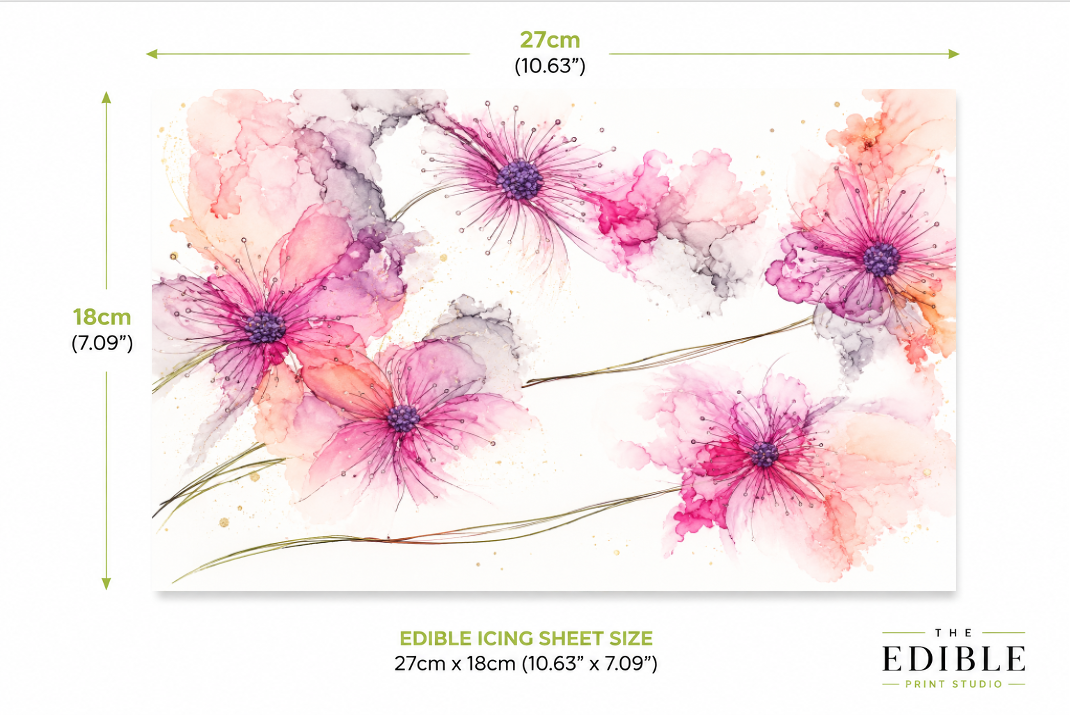 Watercolour Floral Edible Cake Wrap – Pink, Purple, Green & Black Floral Designs