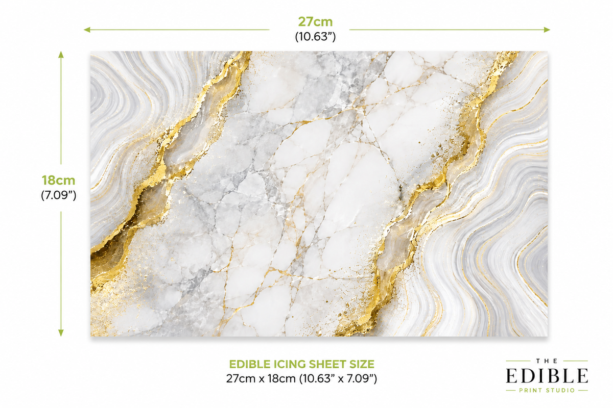White, Gold & Grey Marble Edible Cake Wrap – Elegant Marble Effect Icing Sheet
